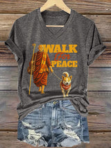 V-Neck Retro Walk For Peace Monks With Aloka Dog Print T-Shirt