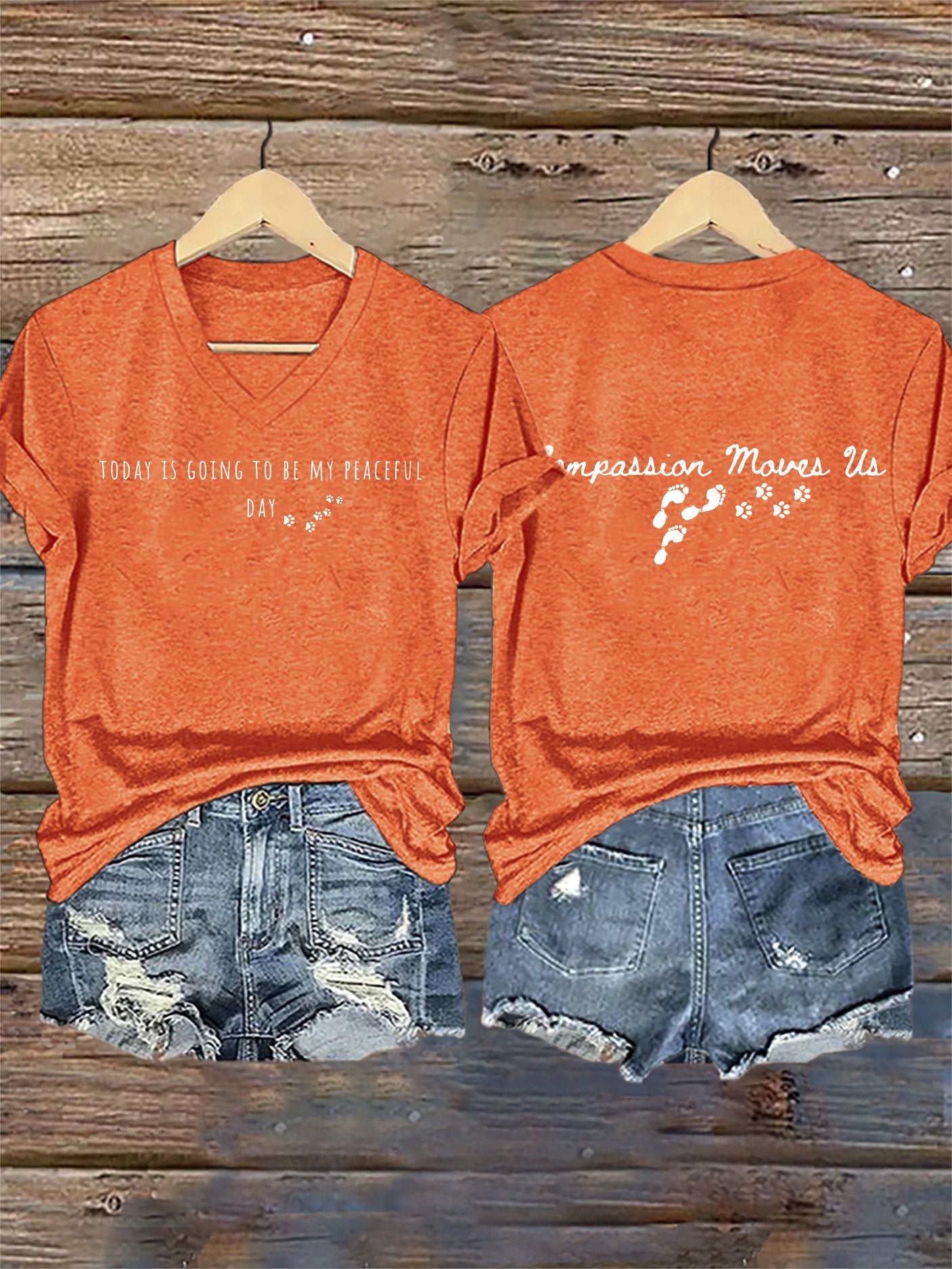 V-Neck Retro Peace Walking Monks With Aloka Dog -Today Is Going To Be Our Peaceful Day Compassion Move Us Print T-Shirt