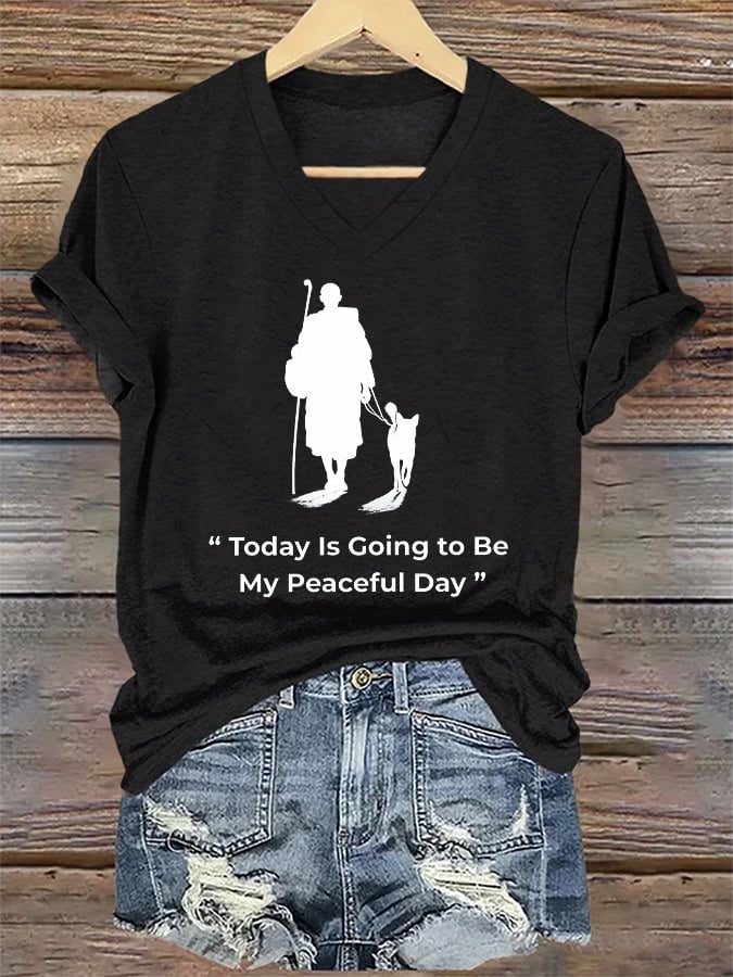V-Neck Retro Peace Walking Monks With Aloka Dog Today Is Going To Be Our Peaceful Day Print T-Shirt