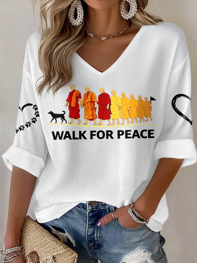 V-Neck Retro Walk For Peace Monks With Aloka Dog Print T-Shirt