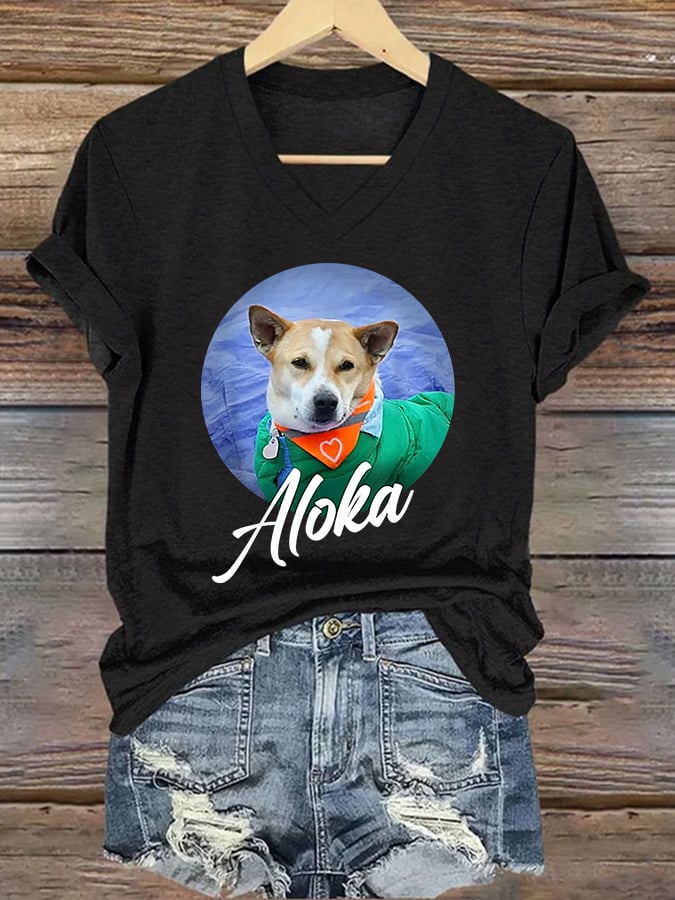 V-Neck Retro Walk For Peace Monks With Aloka Dog Print T-Shirt