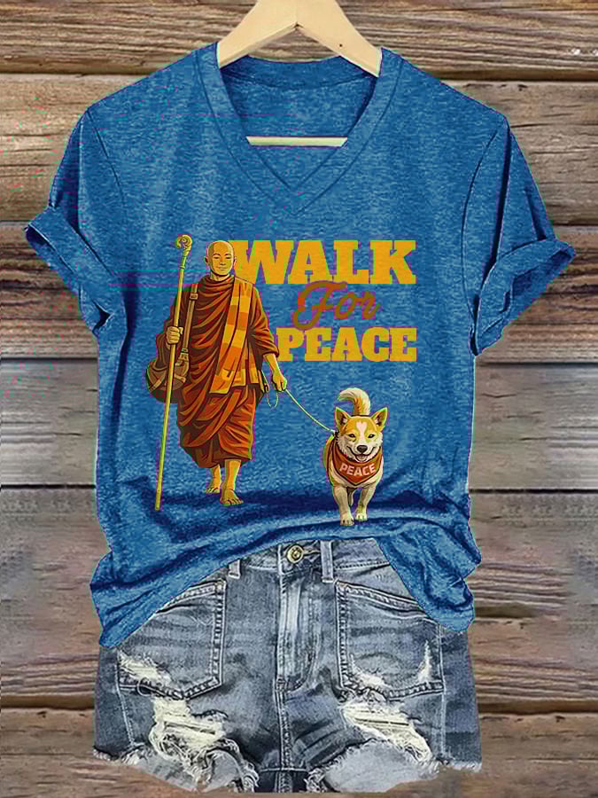 V-Neck Retro Walk For Peace Monks With Aloka Dog Print T-Shirt