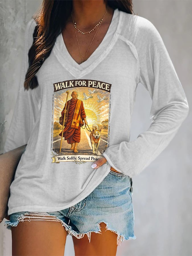 V-neck Retro Walk For Peace Monks With Aloka The Peace Dog Walk For Peace Walk Softly. Spread Peace Print T-Shirt