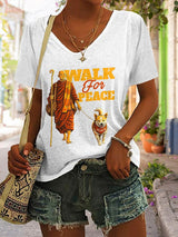 V-Neck Retro Walk For Peace Monks With Aloka Dog Print T-Shirt