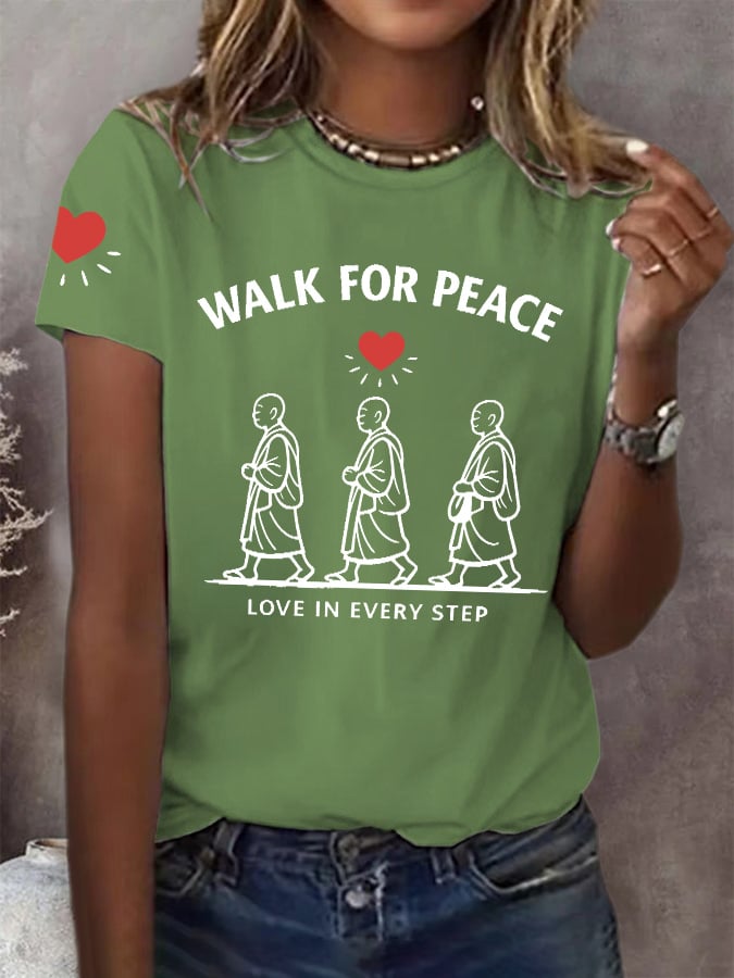 Retro Walk For Peace Love In Every Step Print T-Shirt