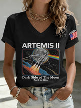 V-Neck Retro Artemis II Dark Side Of The Moon Print T-Shirt