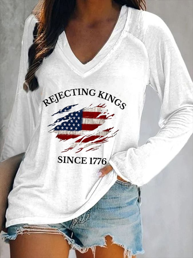 🔥Buy 3 Get 15% Off🔥Women's “Rejecting Kings Since 1776” Printed V-Neck Casual T-Shirt