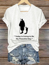 V-Neck Retro Peace Walking Monks With Aloka Dog Today Is Going To Be Our Peaceful Day Print T-Shirt