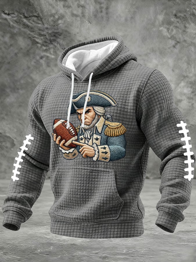Men's Football Print Checkered Fabric Hooded Sweatshirt