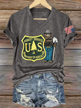 V-Neck Retro Save The Forest Service Print T-Shirt