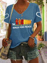 V-Neck Retro Walk For Peace Monks With Aloka Dog Print T-Shirt