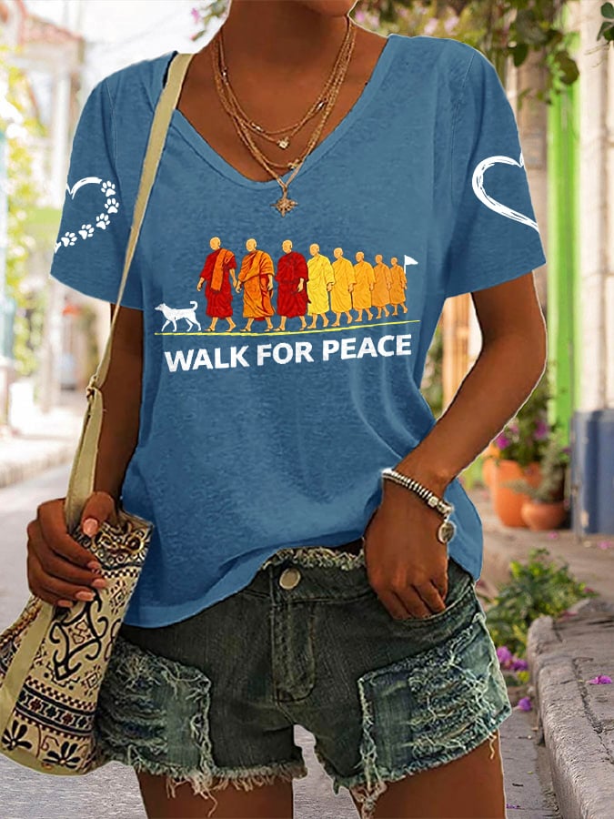 V-Neck Retro Walk For Peace Monks With Aloka Dog Print T-Shirt