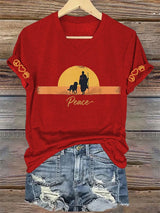 V-Neck Retro Walk For Peace Monks With Aloka Dog Print T-Shirt