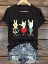 Women's Colorful Peace And Love Print V Neck T-Shirt Top