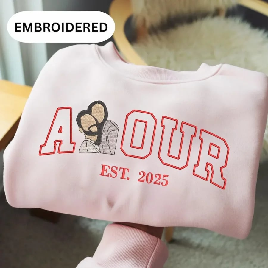 Personalized Embroidered Couple Photo Shirt – “LOVE” Portrait with Est. Year | Anniversary & Valentine’s Gift