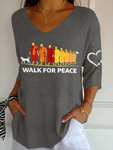 V- Neck Retro Walk For Peace Monks With Aloka Dog Print Shirt