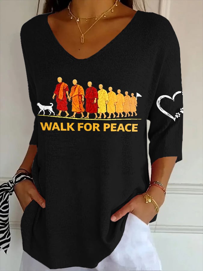 V- Neck Retro Walk For Peace Monks With Aloka Dog Print Shirt