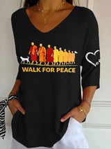V- Neck Retro Walk For Peace Monks With Aloka Dog Print Shirt