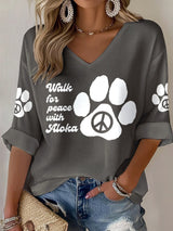 V-Neck Retro Walk For Peace Like Aloka Print T-Shirt