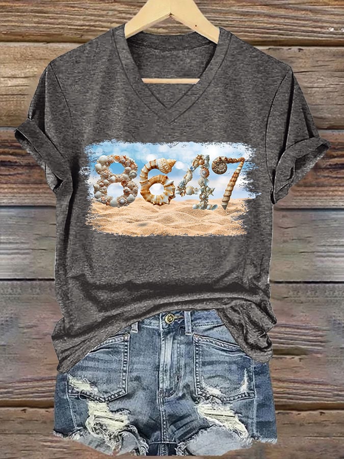 🔥Buy 3 Get 15% Off🔥V-Neck Retro 8647 Beach Seashells Print T-Shirt