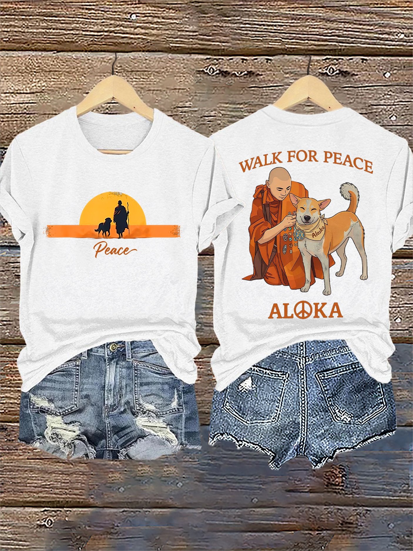 Retro Walk For Peace Monks With Aloka Dog Print T-Shirt