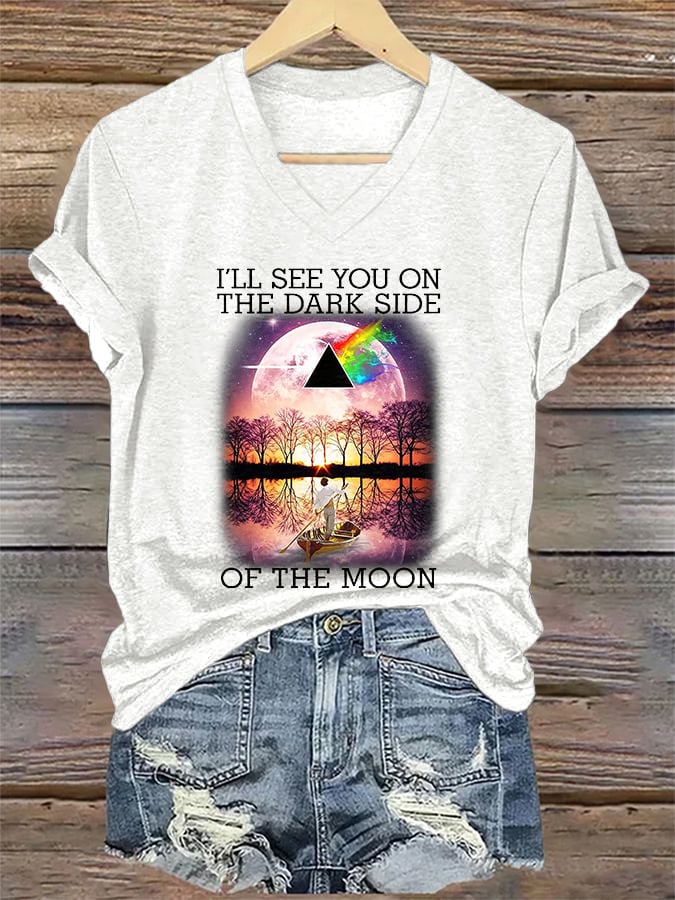 V-Neck Retro I'll See You On The Dark Side Of The Moon Print T-Shirt