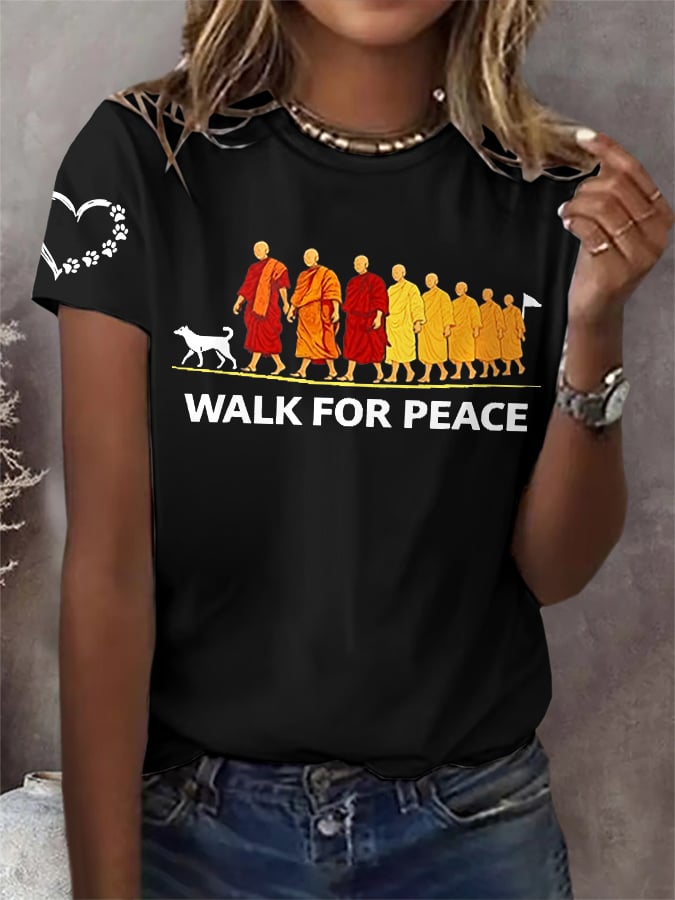 Retro Walk For Peace Monks With Aloka Dog Print T-Shirt