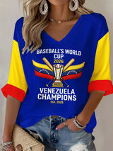Women's Venezuela Baseball Champion Print V-Neck Top