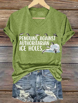 🔥Buy 3 Get 15% Off🔥Women's Penguins Against Authoritarian Ice Holes Printed V Neck T-shirt
