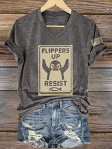🔥Buy 3 Get 15% Off🔥V-Neck Retro Flippers Up Penguins Resist Tariffs Print T-Shirt