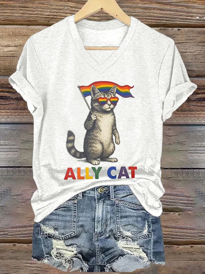 Women's Ally Cat Print V Neck T-Shirt