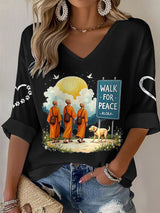 V-Neck Retro Walk For Peace Monks With Aloka Dog Print T-Shirt