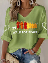 V-Neck Retro Walk For Peace Monks With Aloka Dog Print T-Shirt