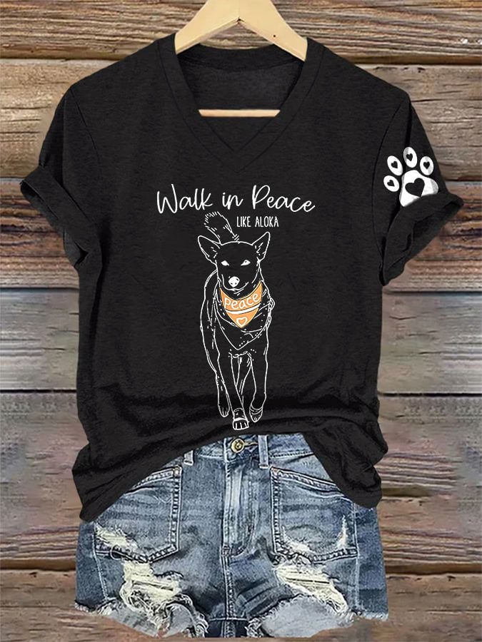 V-Neck Retro Walk In Peace Like Aloka Dog Print T-Shirt