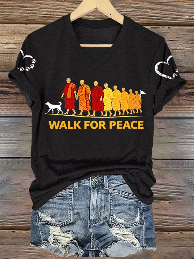 V-Neck Retro Walk For Peace Monks With Aloka Dog Print T-Shirt