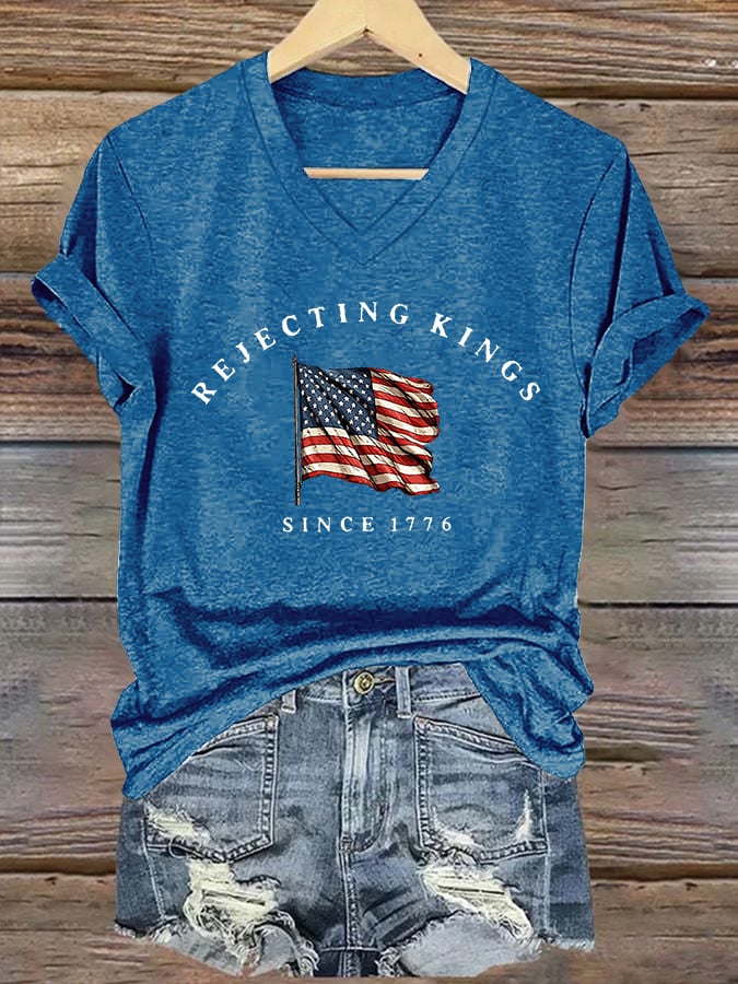 🔥Buy 3 Get 15% Off🔥V-Neck Retro Rejecting Kings Since 1776 Print T-Shirt