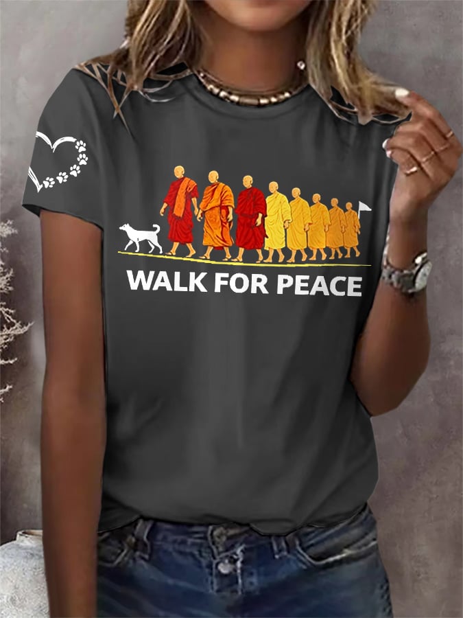 Retro Walk For Peace Monks With Aloka Dog Print T-Shirt