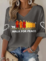 V-Neck Retro Walk For Peace Monks With Aloka Dog Print T-Shirt
