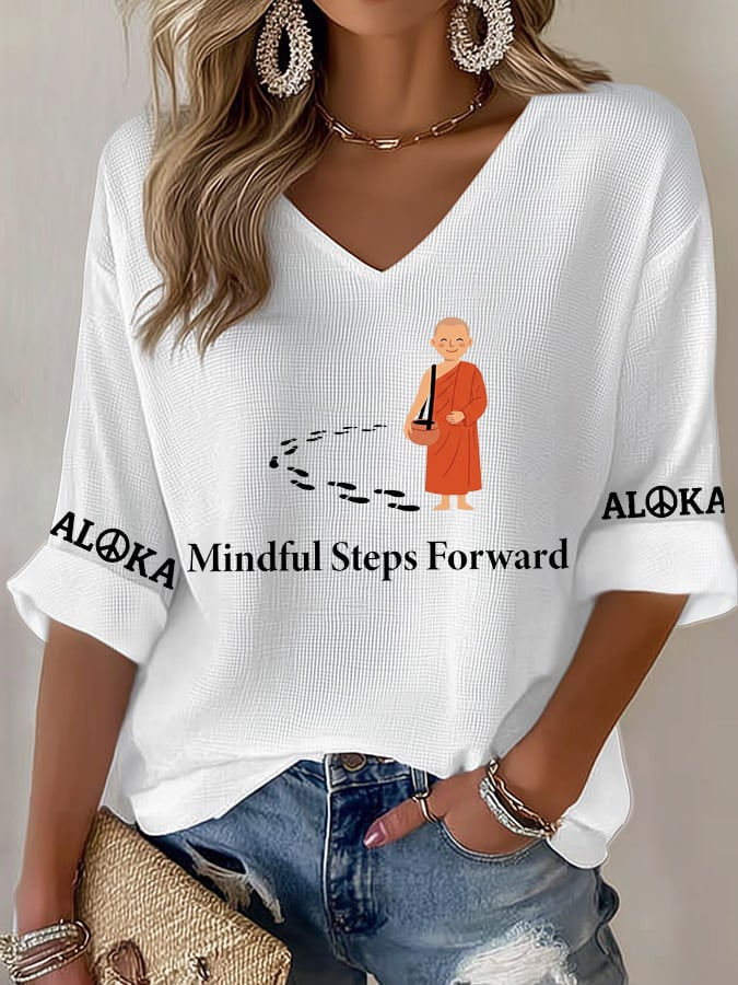 V-Neck Retro Walk For Peace Mindful Steps Forward Peace Walking Monks Print T-Shirt