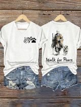 V-Neck Retro Walk For Peace Monks With Aloka Dog Print T-Shirt