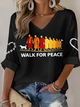 V-Neck Retro Walk For Peace Monks With Aloka Dog Print T-Shirt