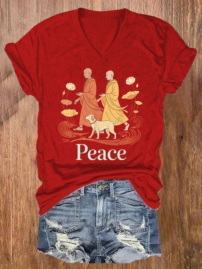 V-Neck Retro Walk For Peace Monks With Aloka Dog Print T-Shirt