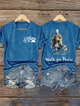 V-Neck Retro Walk For Peace Monks With Aloka Dog Print T-Shirt