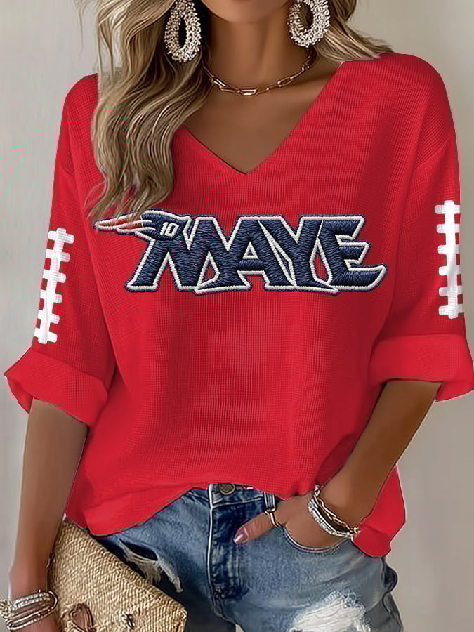 Women's Football Print Waffle Long Sleeve T-Shirt