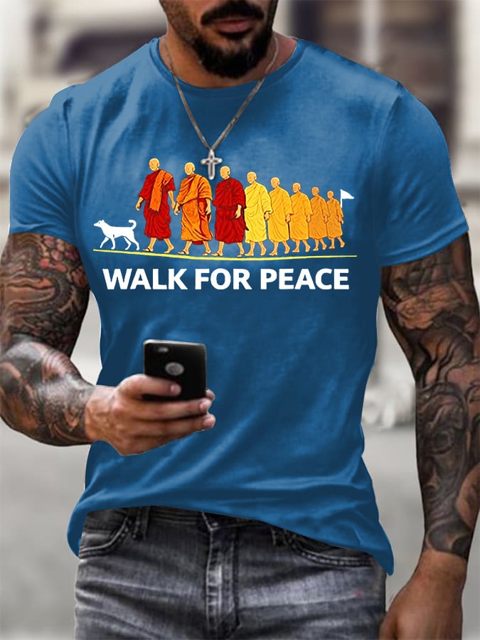 Men's Retro Walk For Peace Monks With Aloka Dog Print T-Shirt