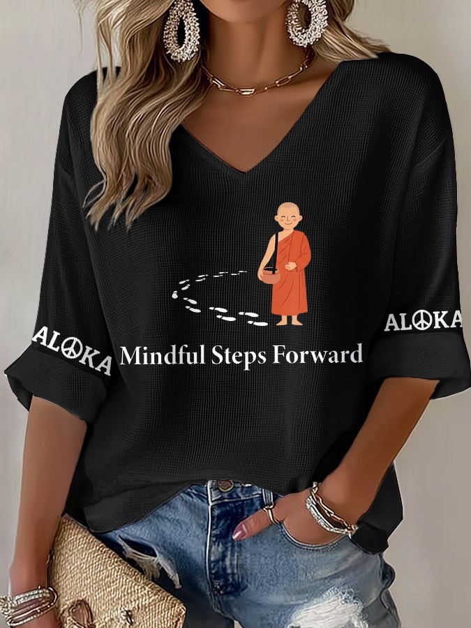 V-Neck Retro Walk For Peace Mindful Steps Forward Peace Walking Monks Print T-Shirt