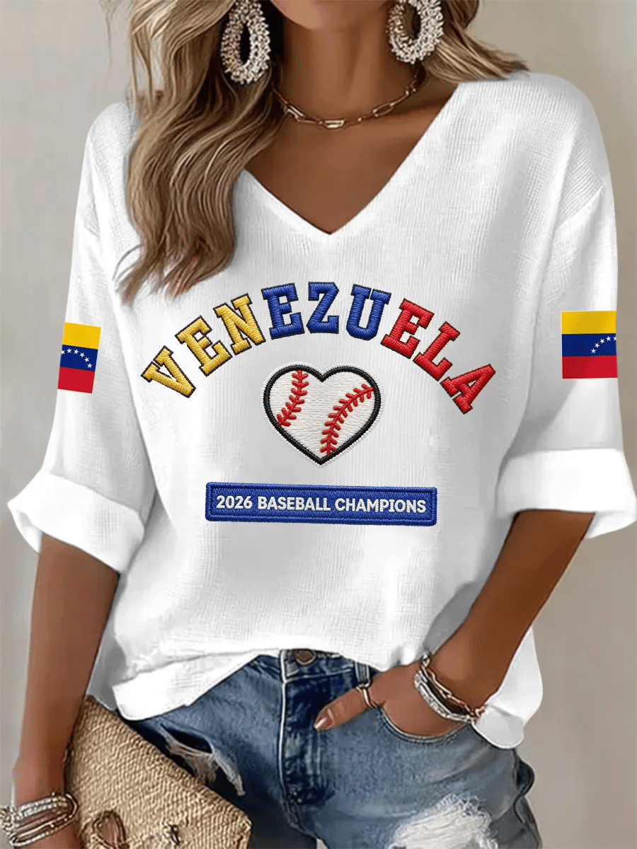 Women's Baseball Print V-Neck Top