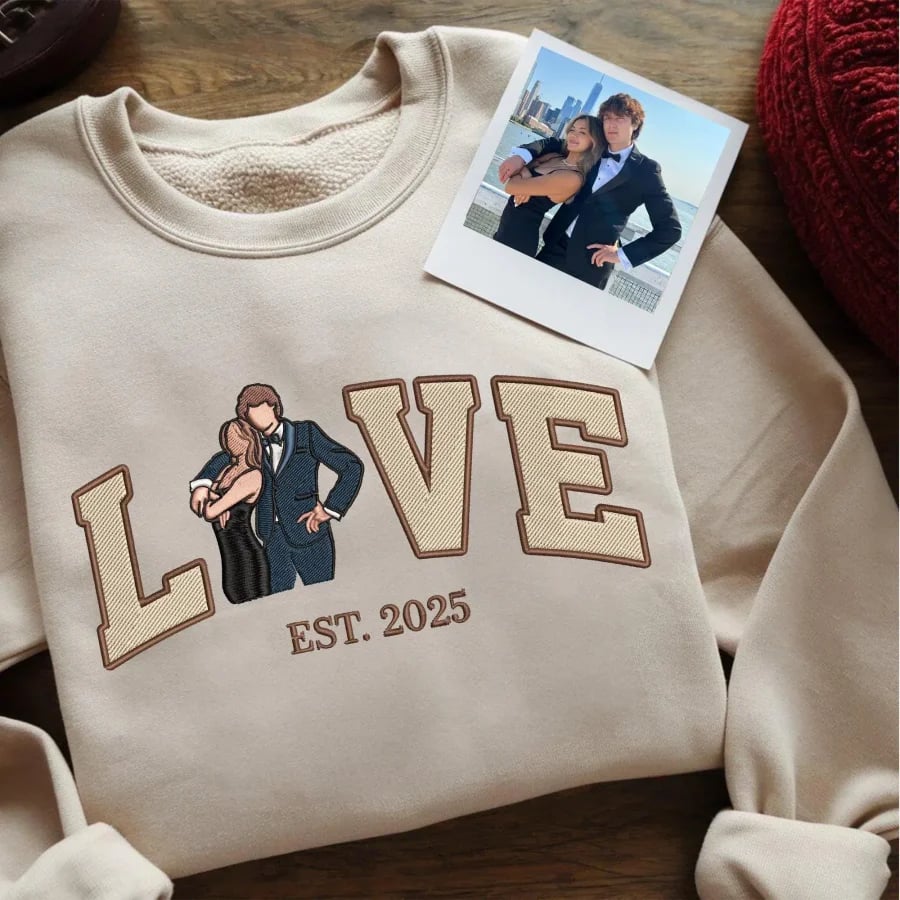 Personalized Embroidered Couple Photo Shirt – “LOVE” Portrait with Est. Year | Anniversary & Valentine’s Gift
