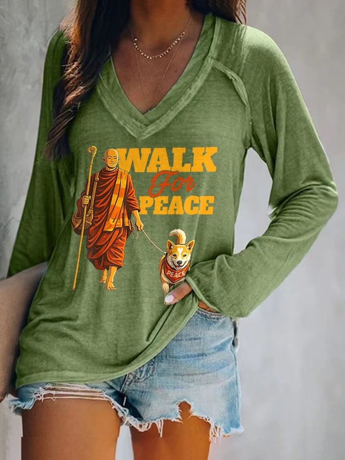 V-neck Retro Walk For Peace Monks With Aloka Dog Print T-Shirt
