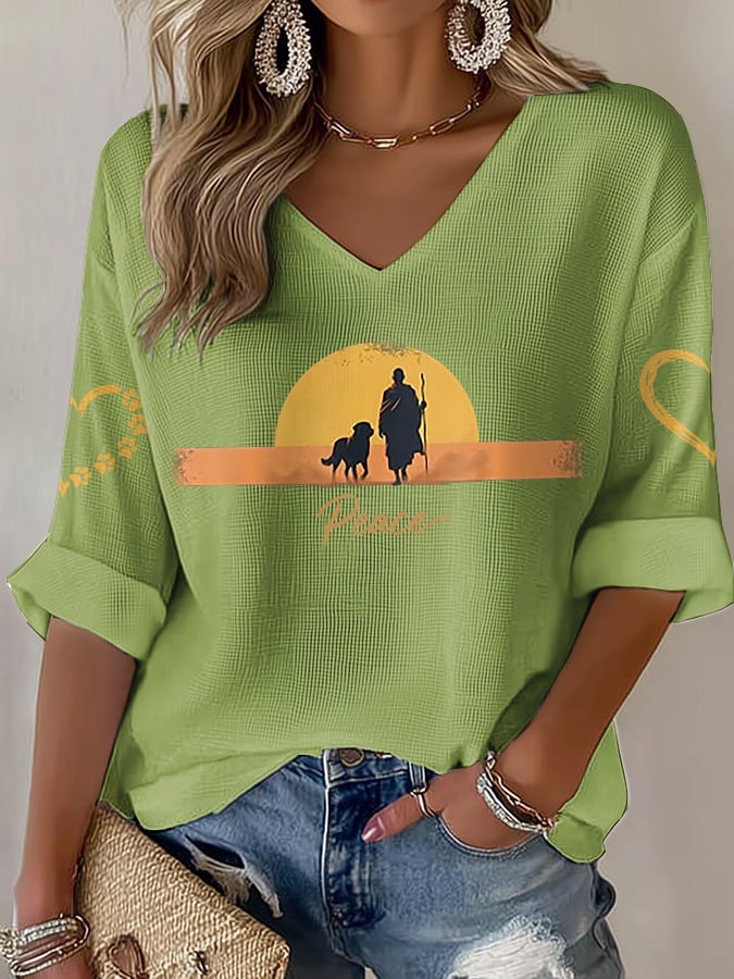 V-Neck Retro Walk For Peace Monks With Aloka Dog Print T-Shirt